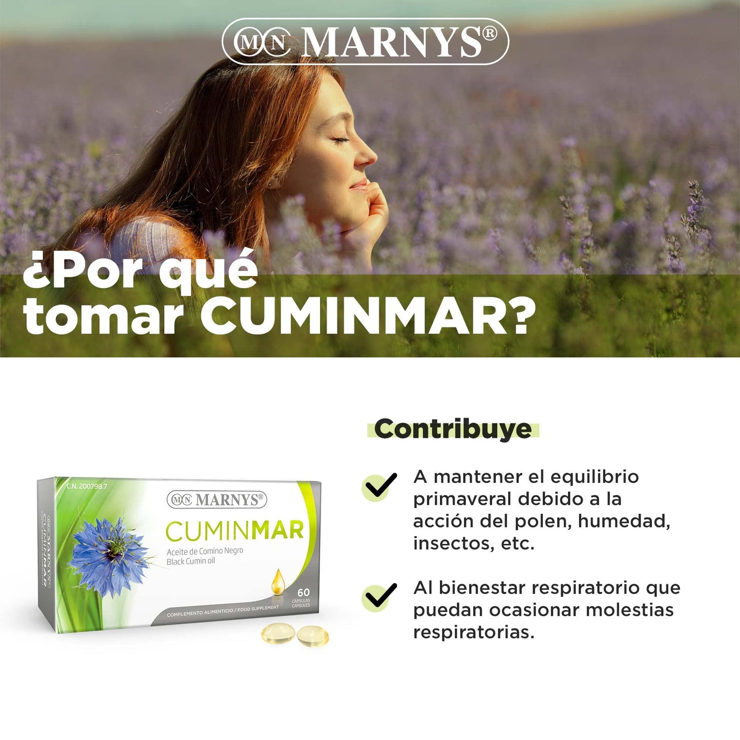 Cuminmar MARNYS, Aceite de Comino Negro Cápsulas, Para las Molestias Respiratorias y alergias en Primavera, 60 Cápsulas