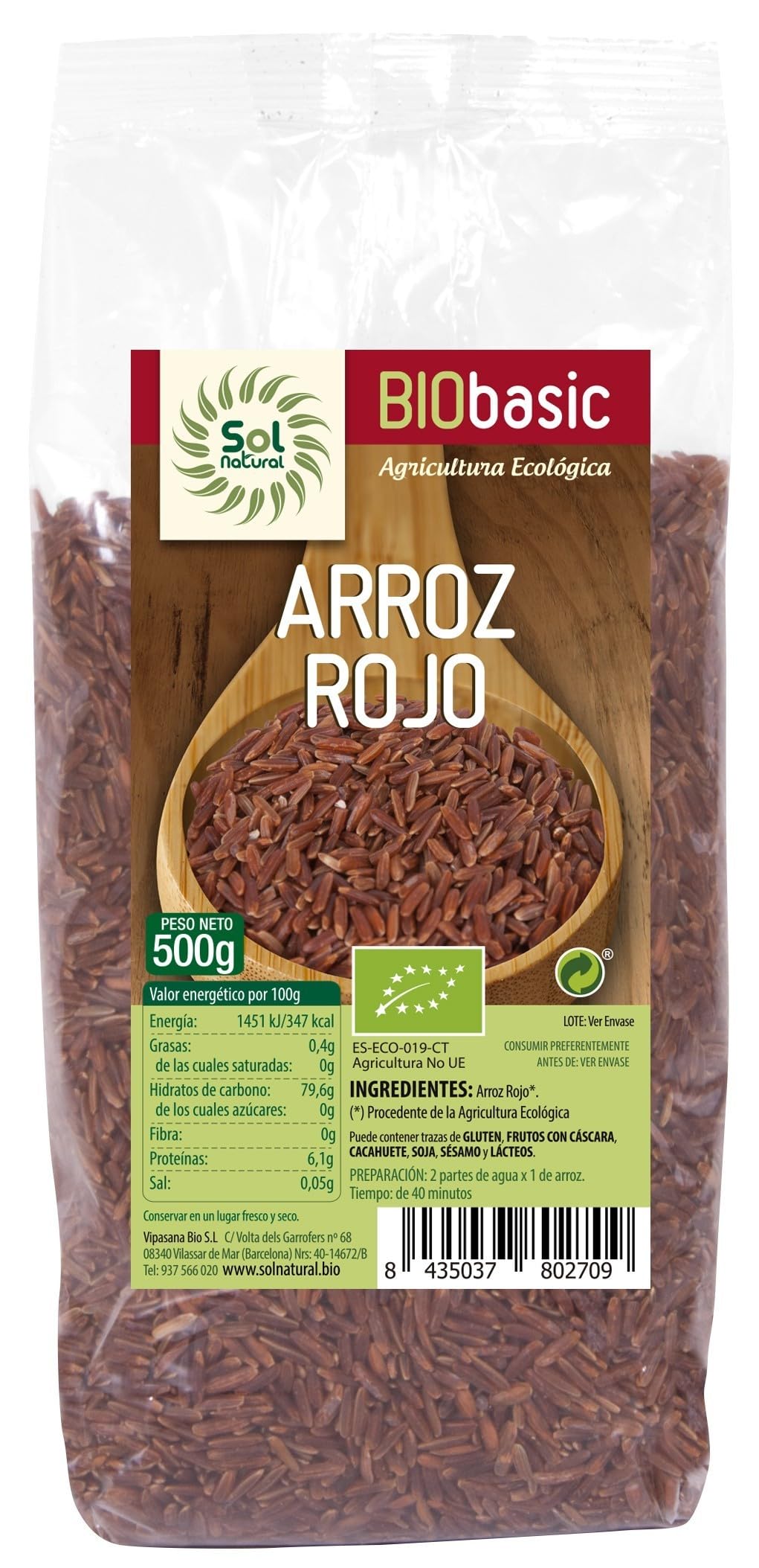 SOLNATURAL ARROZ Rojo Bio 500 g, Estándar, Único