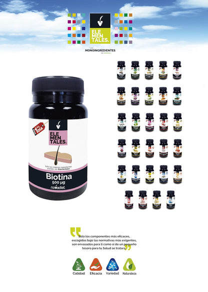 Novadiet - ELEMENTALES BIOTINA 500 µg Comprimidos - Ayuda a Mejorar la Salud de Cabello, Piel y Uñas - 120 Comprimidos
