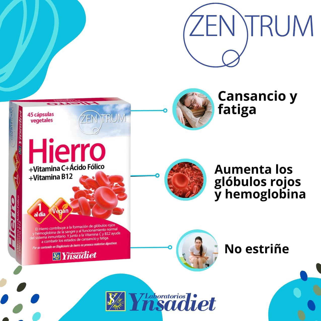 Hierro Bisglicinato con Vitamina C, B12 y Ácido Fólico | 45 Cápsulas Vegetales | Alta Absorción | Disminuye el Cansancio y la Fatiga | Laboratorios Ynsadiet