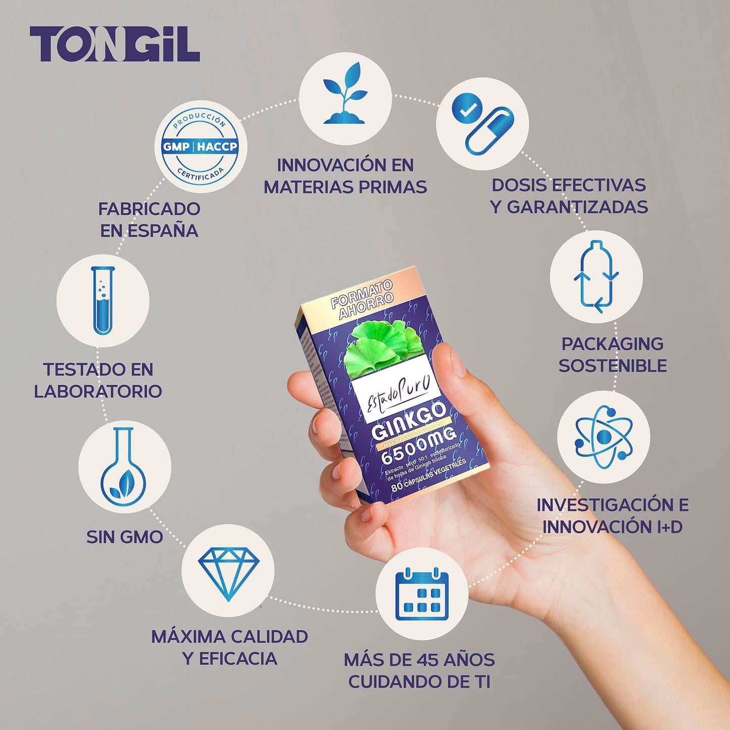Ginkgo Biloba Estado Puro 6500mg | Extracto Estandarizado y Máxima Concentración | 24% de Flavonoides y 6% de Terpenos | Memoria y Concentración + Circulación | 40 Cápsulas de Tongil