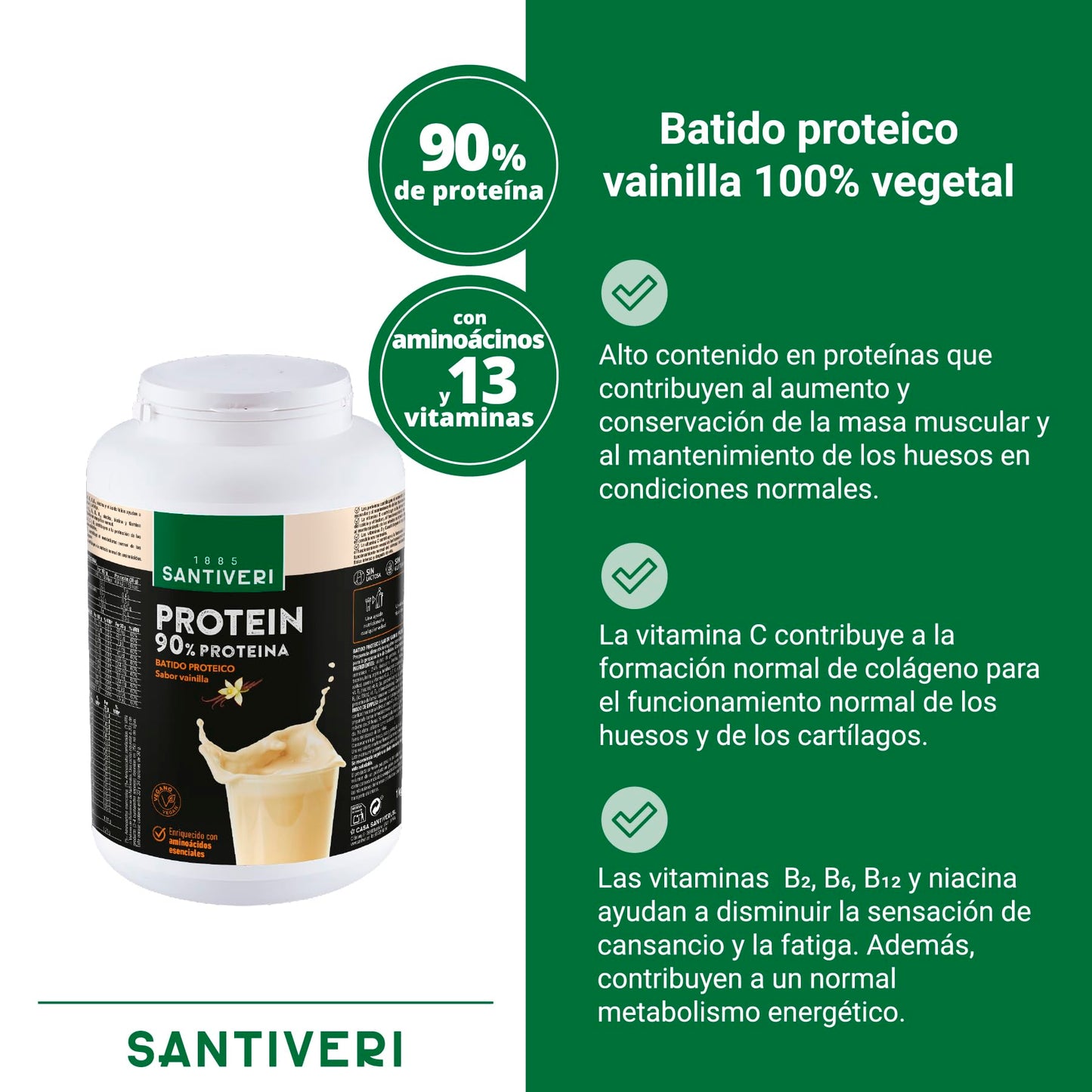 SANTIVERI - Protein-90 Instantáneo en Polvo, Alto Contenido en Proteína a Base de Proteína 100% Vegetal, Aminoácidos y Vitaminas