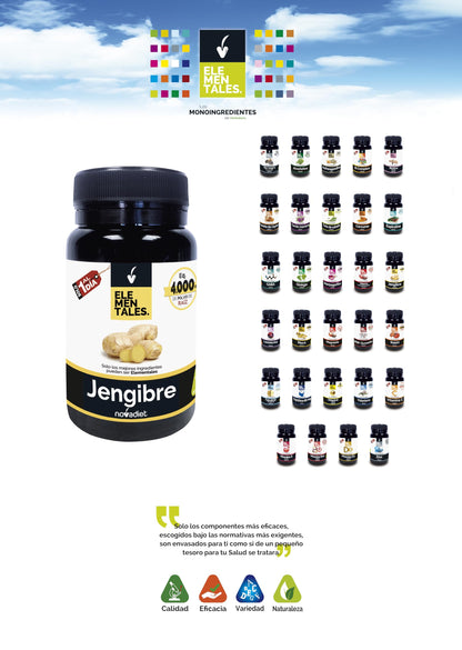 Novadiet - ELEMENTALES JENGIBRE Càpsula con Jengibre - Complemento Alimenticio Antiinflamatorio y Digestivo - Para Aliviar Digestiones Pesadas, Hinchazón y el Dolor Menstrual.- 30 Cápsulas Vegetales