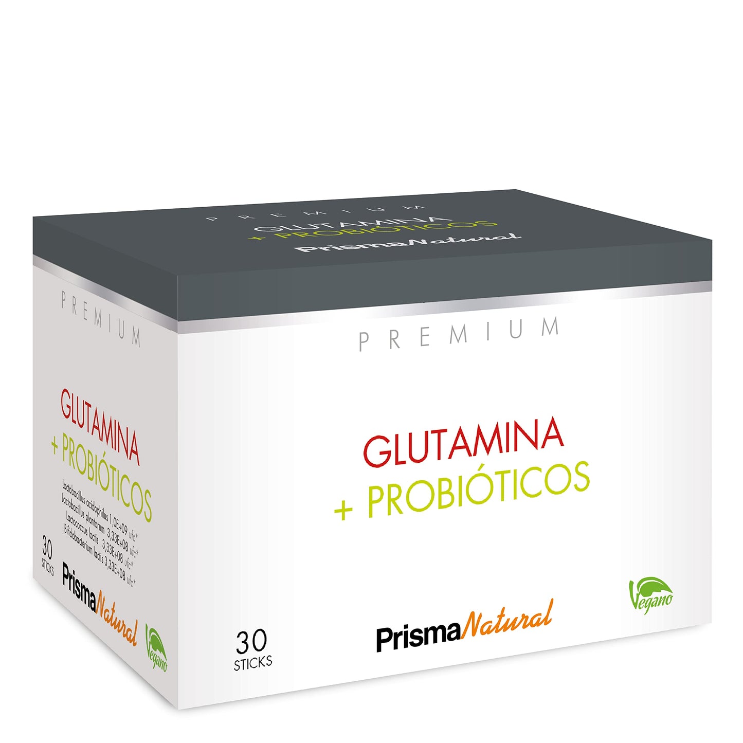 Prisma Natural línea Premium, Glutamina + Probiotico 30 sticks 200g. Son productos aptos para celíacos, intolerantes a la lactosa o sensibles a proteínas lácteas o gluten.
