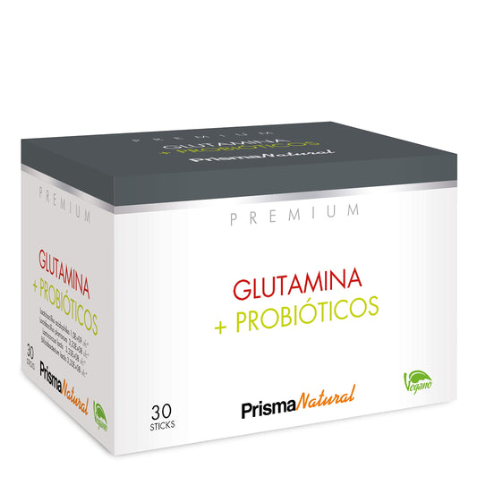 Prisma Natural línea Premium, Glutamina + Probiotico 30 sticks 200g. Son productos aptos para celíacos, intolerantes a la lactosa o sensibles a proteínas lácteas o gluten.