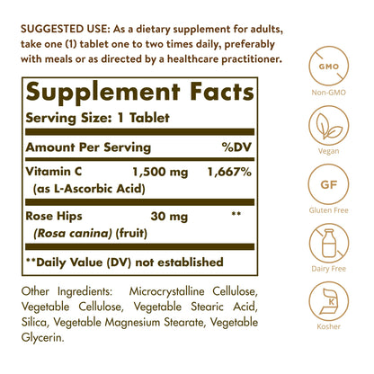 Solgar | Vitamina C con escaramujo 1500 Mg | Rose Hips | Reduce el Cansancio y la Fatiga | Estimula la Formación de Colágeno | 180 Comprimidos