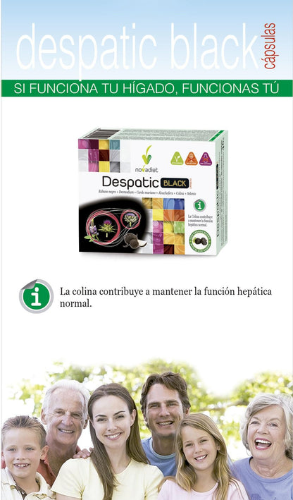 Novadiet - DESPATIC BLACK CÁPSULAS con Rábano Negro, Desmodium, Cardo Mariano, Alcachofera, Colina y Selenio - Apoyo para la Función Hepática y Digestiva - 60 Cápsulas Vegetales