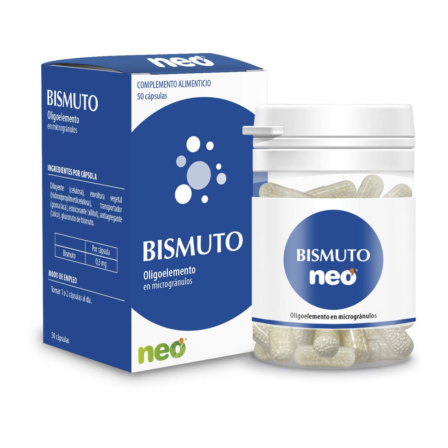 NEO | Bismuto Oligoelemento | 50 Cápsulas | Ayuda a Reducir el Malestar Estomacal y los Síntomas de la Acidez | Suplemento Alimenticio Natural