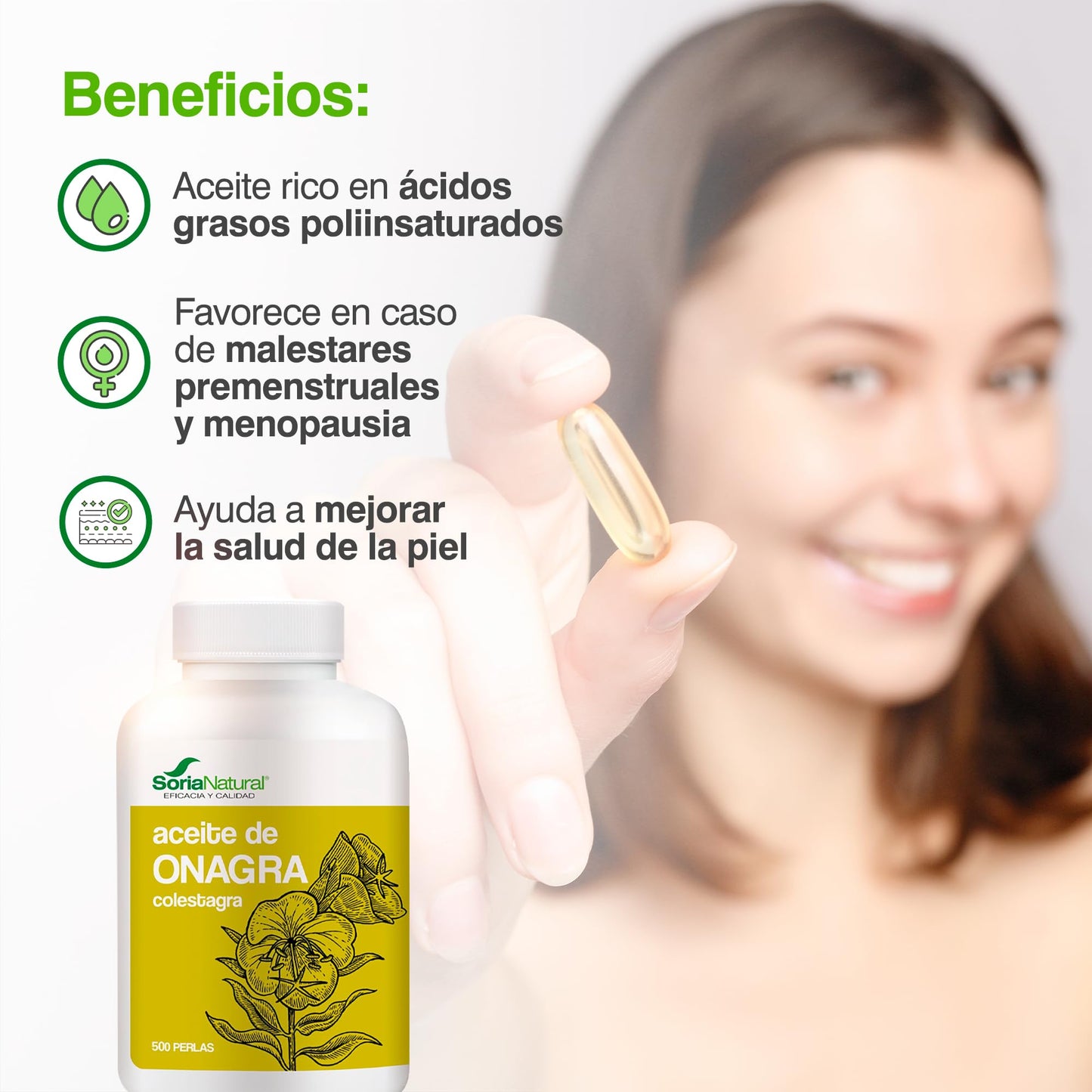 Soria Natural Aceite de Onagra 500 perlas– Colestagra – Cuidado de la Piel - Ayuda en Caso de Malestares Menstruales, Premenstruales y Menopausia – Salud Femenina
