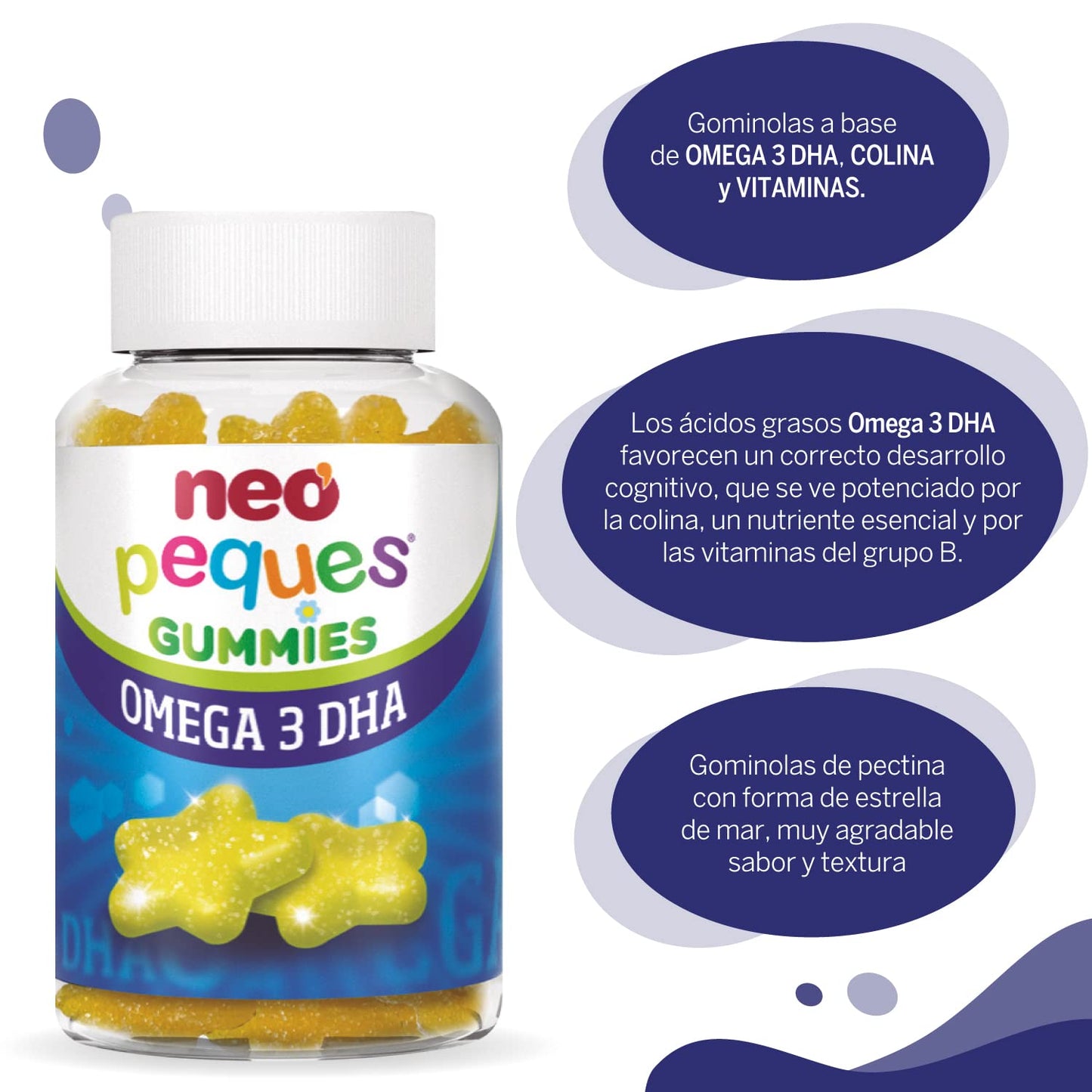 Neo Peques - Gummies de Omega 3 y DHA para Niños - Veganas - Sabor Limón - 30 Unidades - Favorece la Memoria - Gominolas a Base de Colina y Vitaminas del Grupo B - Para Mayores de 3 Años