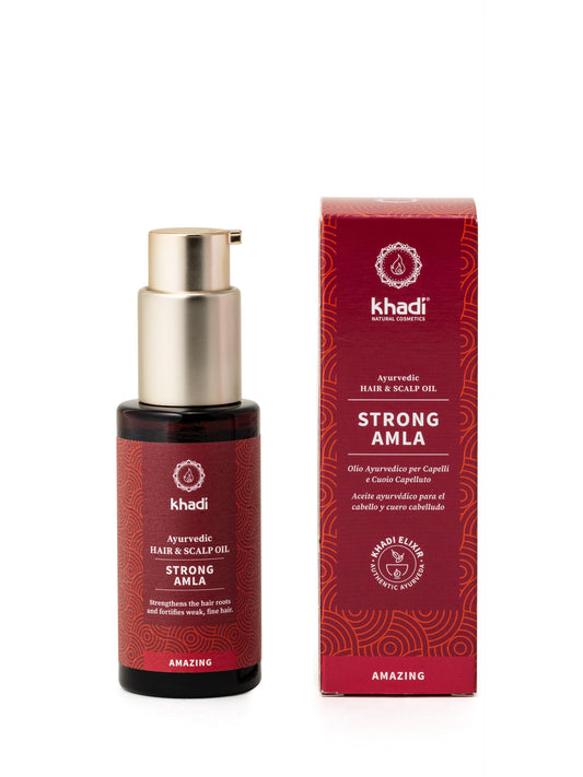 khadi STRONG AMLA Aceite capilar ayurvédico, favorece el crecimiento del cabello, previene la caída y las canas, fortalece las raíces del cabello, 100% vegano y sin siliconas, cosmética natural, 50ml