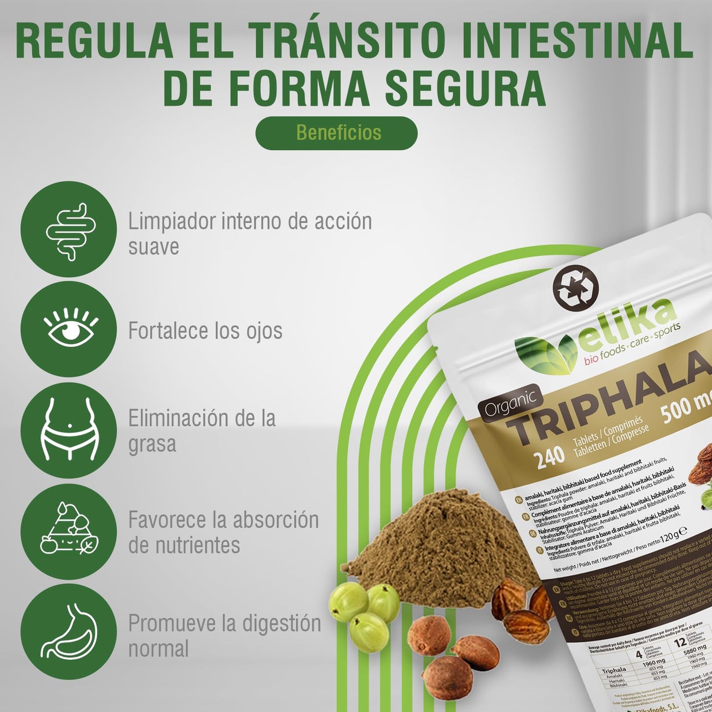 Triphala Elikafoods ® ORGÁNICA. Laxante Natural ayuda contra el estreñimiento. Laxante natural combate el estreñimiento. Comprimidos naturales estreñimiento, transito intestinal - 240ud 500mg