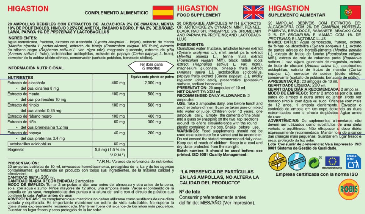Robis Higastion Combinación de Multivitaminas y Minerales - 20 Ampollas
