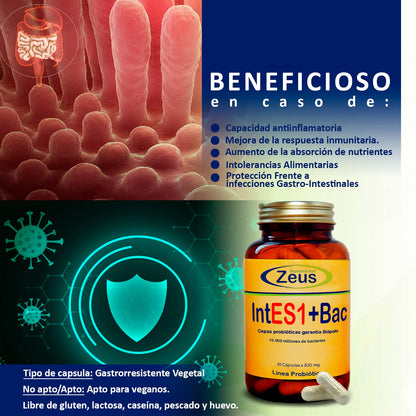 INTES1+BAC | Contribuye a equilibrar y regular la microbiota intestinal | Complemento Alimenticio a base de Fibersol®- 2, Probióticos y Almidón de patata | 100% Vegano | 90 Cápsulas Vegetales
