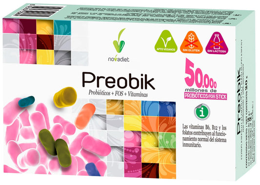 Novadiet - PREOBIK Sticks con Fermentos, FOS y Vitaminas - Complemento Alimenticio que Favorece el Sistema Inmunitario y el Bienestar Intestinal - 10 Sticks