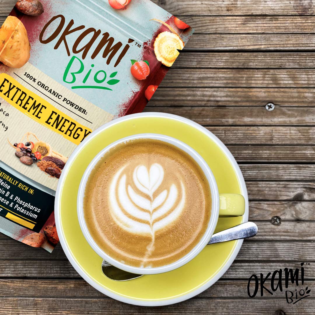 Okami Bio "Extreme Energy" Superfood Powder Mix 200 gr | Mezcla Vegana Orgánica de Maca, Cacao, Guaraná y Jengibre | Te da el mismo impulso que una bebida energética, pero 100% natural.