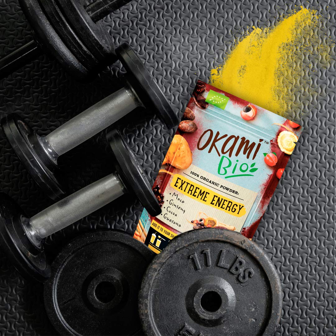 Okami Bio "Extreme Energy" Superfood Powder Mix 200 gr | Mezcla Vegana Orgánica de Maca, Cacao, Guaraná y Jengibre | Te da el mismo impulso que una bebida energética, pero 100% natural.