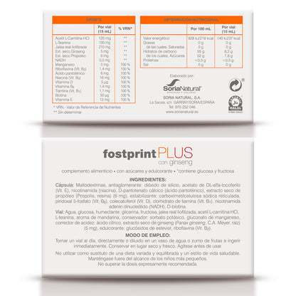 Soria Natural Fostprint Plus con Ginseng - Vitaminas para el Cansancio y la Memoria - Jalea Real, Vitaminas Grupo B, Biotina, Vitamina E, Vitamina D, L Carnitina y Propóleo Puro - 20 Viales con 15ml