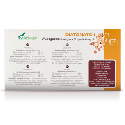 Soria Natural Diatonato 1 Manganeso - Suplemento a Base de Manganeso en Ampollas – Favorece Huesos y Tejidos Conectivos – Ayuda al Metabolismo - Caja con 28 Ampollas de 2 ml