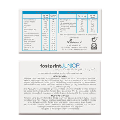 Soria Natural Fostprint Junior - Vitaminas y Nutrientes Esenciales para los Más Pequeños - Jalea Real, Vitamina C, Hierro, Propóleo, Vitaminas B y D - Probióticos niños - 20 viales