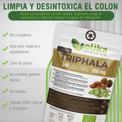 Triphala Elikafoods ® ORGÁNICA. Laxante Natural ayuda contra el estreñimiento. Laxante natural combate el estreñimiento. Comprimidos naturales estreñimiento, transito intestinal - 240ud 500mg
