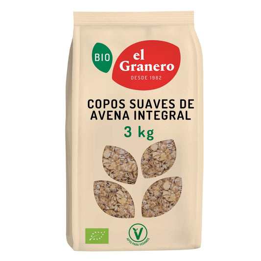El Granero Integral - Copos Finos de Avena Integral - 3 kg - Rico en Vitaminas y Minerales - Ayuda al Tránsito Intestinal - Beneficioso para el Sistema Inmune - Aptos para Veganos