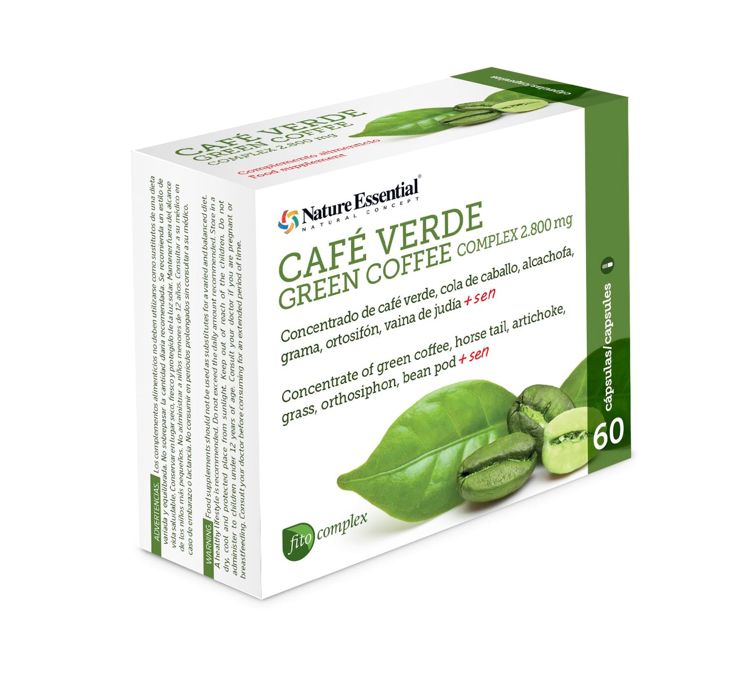 Nature Essential | Café Verde 2800 mg | 60 Cápsulas | Extracto Seco | 45% Ácido Clorogénico | Ideal en Dietas de Adelgazamiento | Ayuda a Aumentar el Efecto Saciante