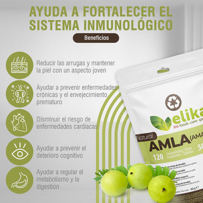 Amla Elikafoods® ORGÁNICA. 120 comprimidos de 500mg. Fortalecimiento y brillo de cabello y piel. Gran cantidad de Vitamina C, minerales y antioxidantes. Vegana y sin gluten. Fácil ingestión.