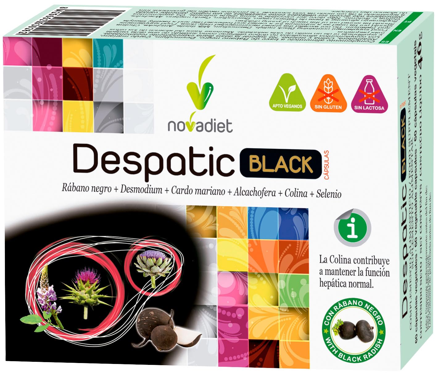 Novadiet - DESPATIC BLACK CÁPSULAS con Rábano Negro, Desmodium, Cardo Mariano, Alcachofera, Colina y Selenio - Apoyo para la Función Hepática y Digestiva - 60 Cápsulas Vegetales