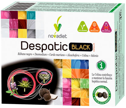 Novadiet - DESPATIC BLACK CÁPSULAS con Rábano Negro, Desmodium, Cardo Mariano, Alcachofera, Colina y Selenio - Apoyo para la Función Hepática y Digestiva - 60 Cápsulas Vegetales