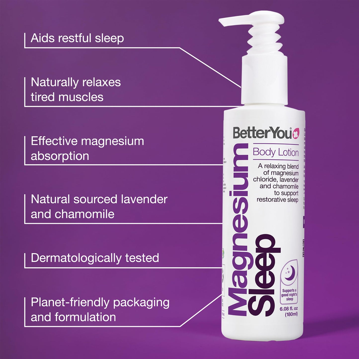 BetterYou Sleep Lotion - Loción Corporal de Magnesio | Relajante Muscular y Favorecer el Descanso | Vegano - 180 ml