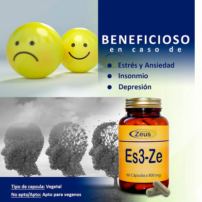 ES3-ZE | Contribuye a rebajar la actividad nerviosa del cerebro, aportando calma | Complemento Alimenticio a base de Aminoácidos, Pasiflora y Vitaminas | 100% Vegano | 90 Cápsulas Vegetales
