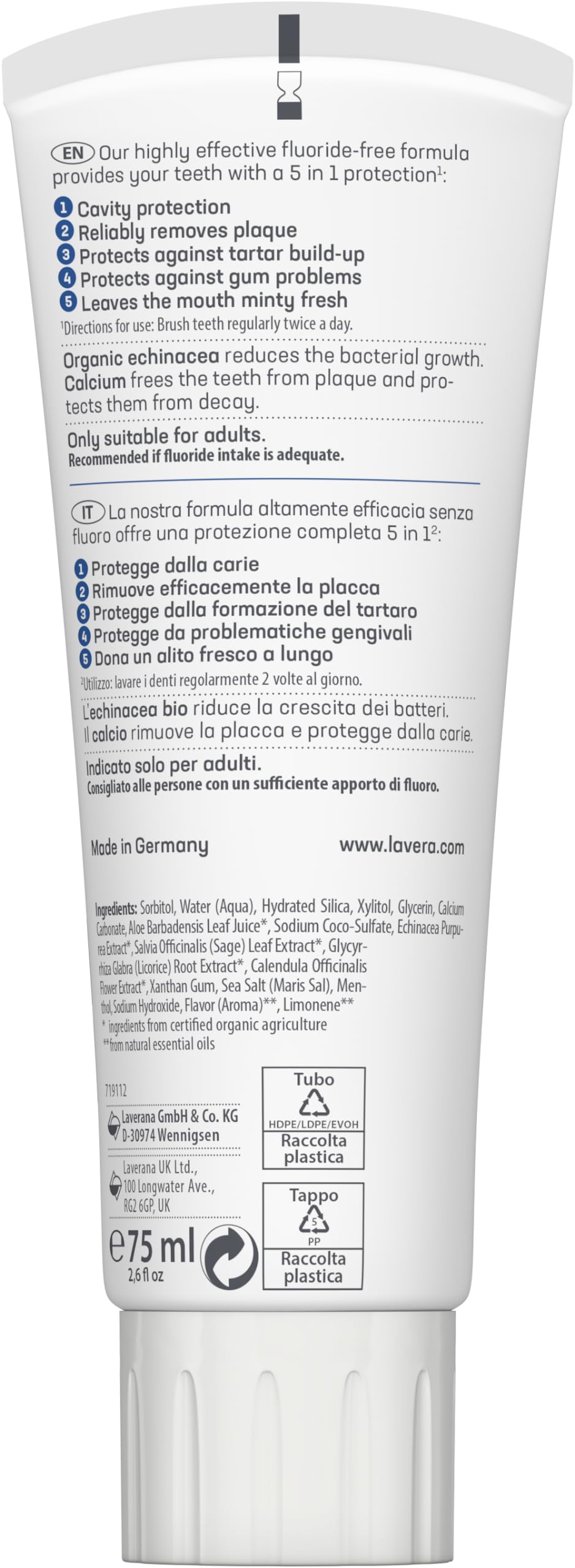 Lavera Pasta orgánica para el cuidado completo de Echinacea and Fluorure, 75 ml