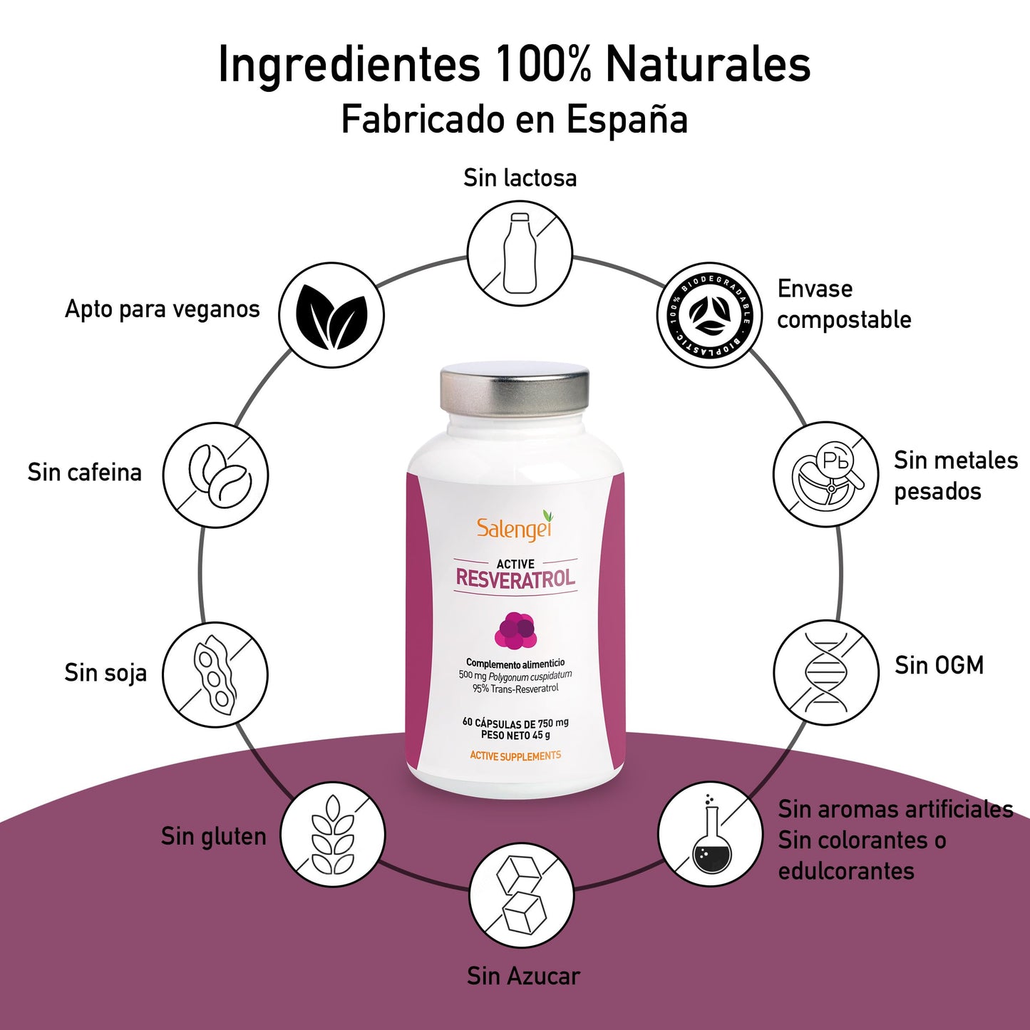 ACTIVE RESVERATROL - Trans Resveratrol 95%. MAXIMA PUREZA, RESVERATROL DE FUENTE NATURAL | Antioxidante | Propiedades anti edad | Polygonum cuspidatum |60 cápsulas de 500 mg |