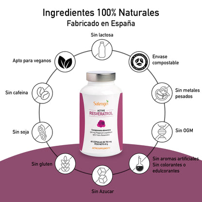 ACTIVE RESVERATROL - Trans Resveratrol 95%. MAXIMA PUREZA, RESVERATROL DE FUENTE NATURAL | Antioxidante | Propiedades anti edad | Polygonum cuspidatum |60 cápsulas de 500 mg |