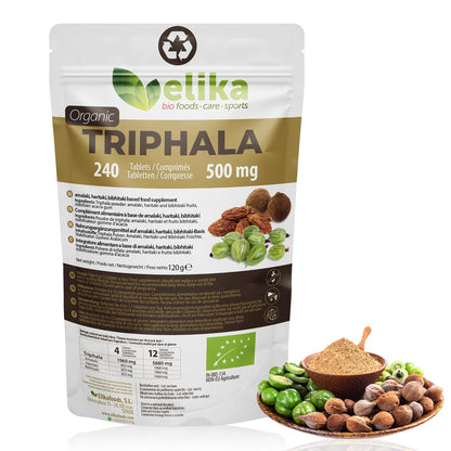 Triphala Elikafoods ® ORGÁNICA. Laxante Natural ayuda contra el estreñimiento. Laxante natural combate el estreñimiento. Comprimidos naturales estreñimiento, transito intestinal - 240ud 500mg