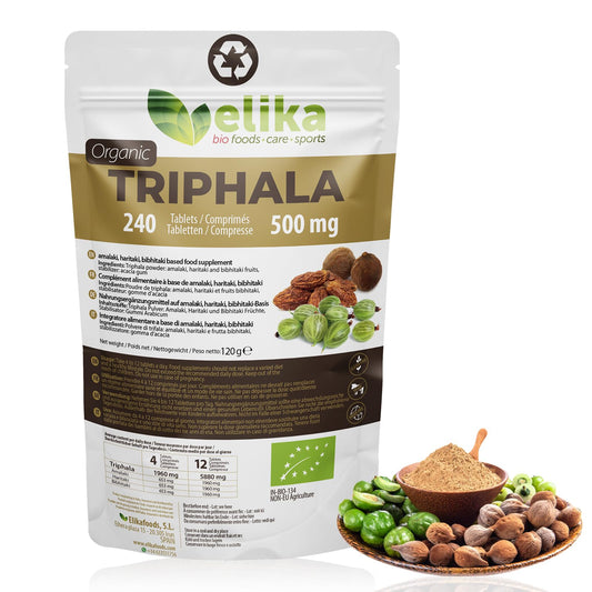 Triphala Elikafoods ® ORGÁNICA. Laxante Natural ayuda contra el estreñimiento. Laxante natural combate el estreñimiento. Comprimidos naturales estreñimiento, transito intestinal - 240ud 500mg