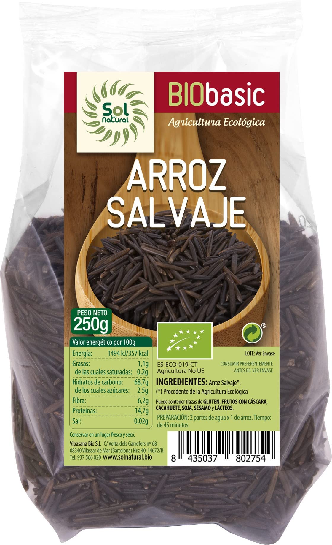 SOLNATURAL ARROZ Salvaje Bio 250 g, Estándar, Único