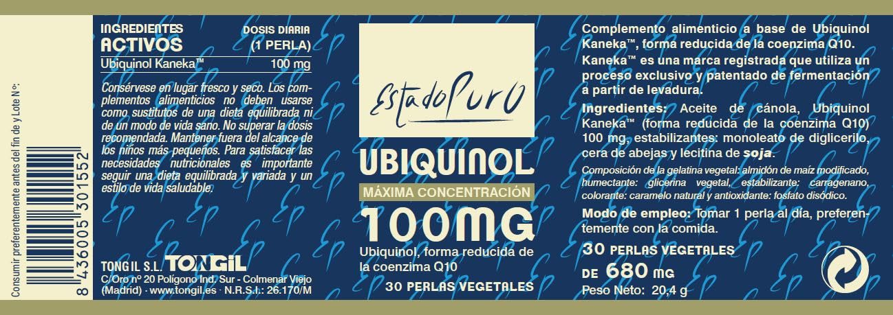 Ubiquinol 100mg Estado Puro | Coenzima Q10 Reducida y Fermentada de Kaneka | Máxima Absorción y Biodisponibilidad | Antioxidante Potente | Vegano y Libre de GMO | 30 Perlas | TONGIL