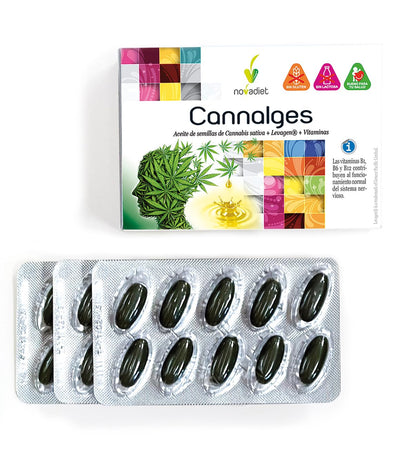 Novadiet - CANNALGES Cápsulas con Aceite de Semillas de Cannabis, Levagen y Vitaminas – Ayuda a Aliviar el Dolor y la Inflamación, al Correcto Funcionamiento Normal del Sistema Nervioso - 30 Cápsulas