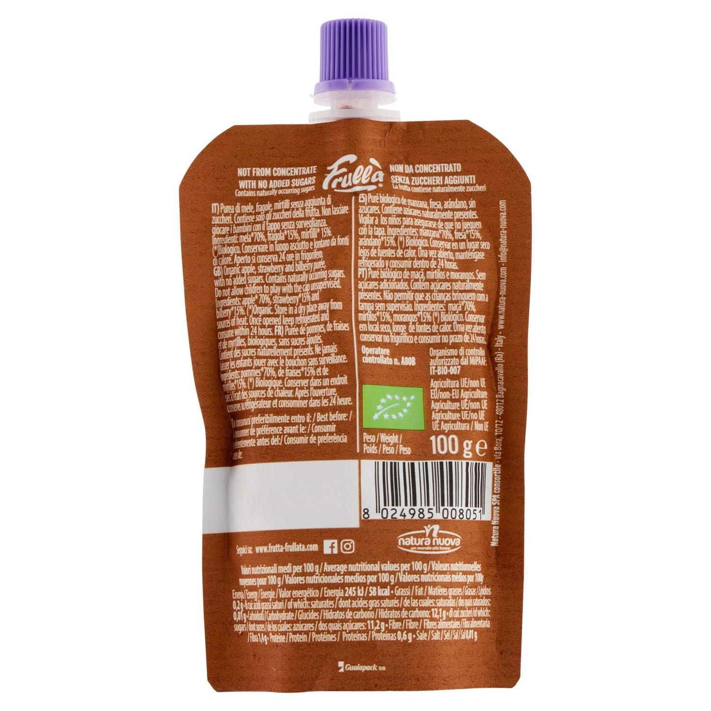 Natura Nuova Puré de manzana, arándanos y fresa doypack bio - Frullà - 100g