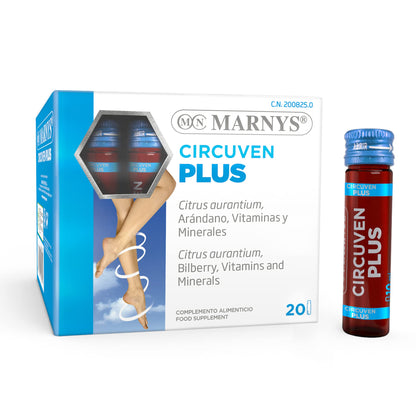 Circuven Plus MARNYS, Arándano Azul Útil para la Circulación Venosa, Piernas Más Ligeras, Disminuye la sensación de Piernas Cansadas, 20 Viales bebibles de 10 Ml