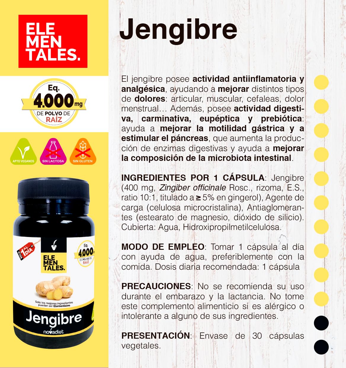 Novadiet - ELEMENTALES JENGIBRE Càpsula con Jengibre - Complemento Alimenticio Antiinflamatorio y Digestivo - Para Aliviar Digestiones Pesadas, Hinchazón y el Dolor Menstrual.- 30 Cápsulas Vegetales