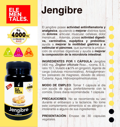 Novadiet - ELEMENTALES JENGIBRE Càpsula con Jengibre - Complemento Alimenticio Antiinflamatorio y Digestivo - Para Aliviar Digestiones Pesadas, Hinchazón y el Dolor Menstrual.- 30 Cápsulas Vegetales