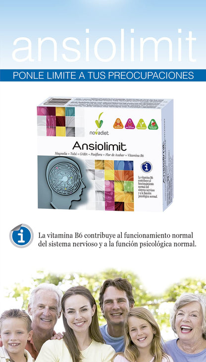 Novadiet - ANSIOLIMIT Cápsulas con Vitamina B6, Magnolia, Tulsi, GABA, Pasiflora, Flor de Azahar, Vitamina B6, Ayuda a Disminuir la Ansiedad, Agobio, Estrés y el Nerviosismo - 60 Cápsulas