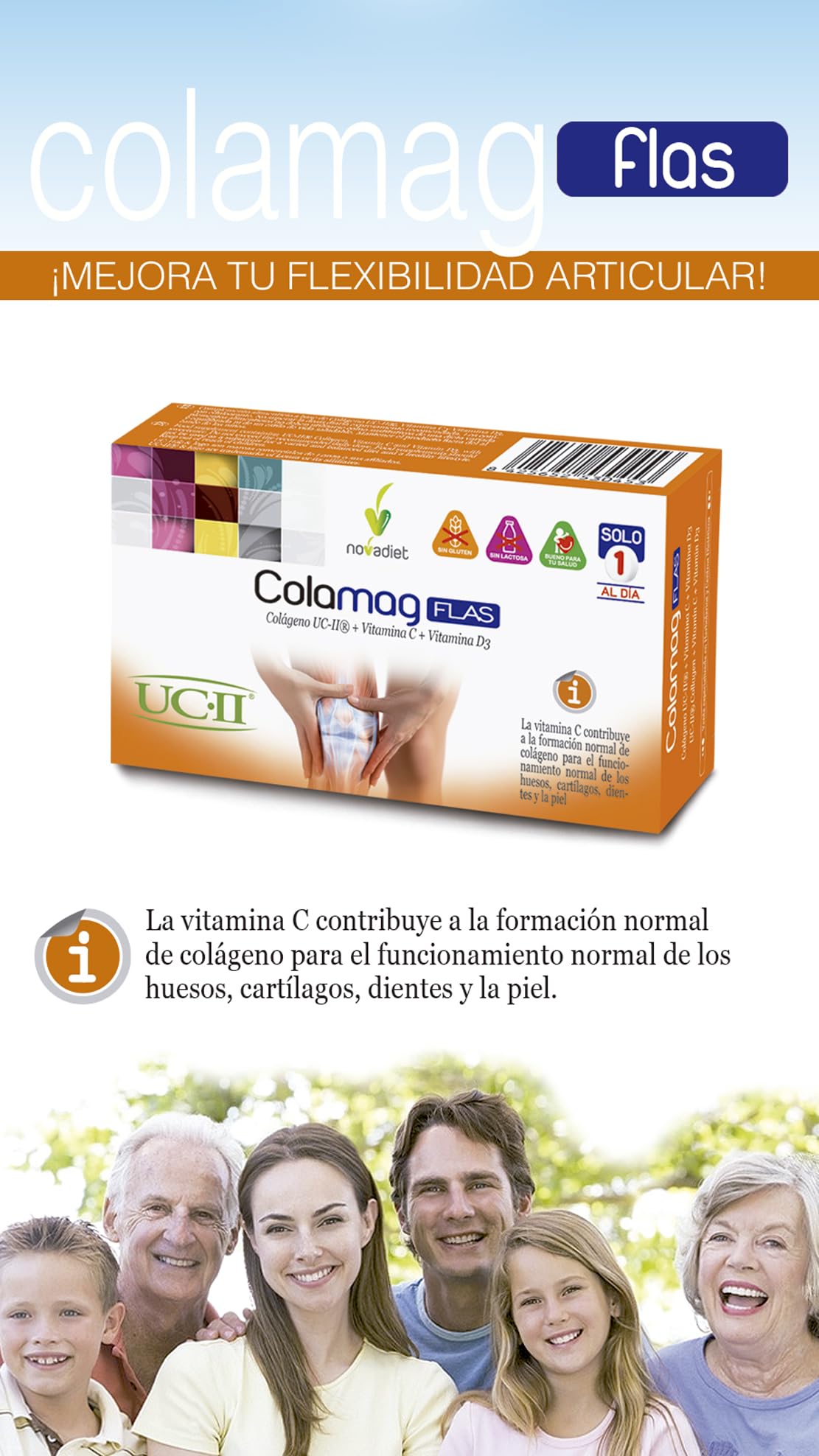 Novadiet - COLAMAG FLAS con Colágeno UC-II, Vitamina C y Vitamina D3 - Para la Formación Normal de Colágeno - Cuidado de Articulaciones, Cartílagos y Piel - 30 Comprimidos