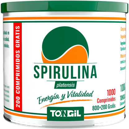 1000 Comprimidos de Spirulina | Rico en Proteínas y Energía | 100% Pura Alga Spirulina Platensis | Vegano, Sin Gluten | TONGIL