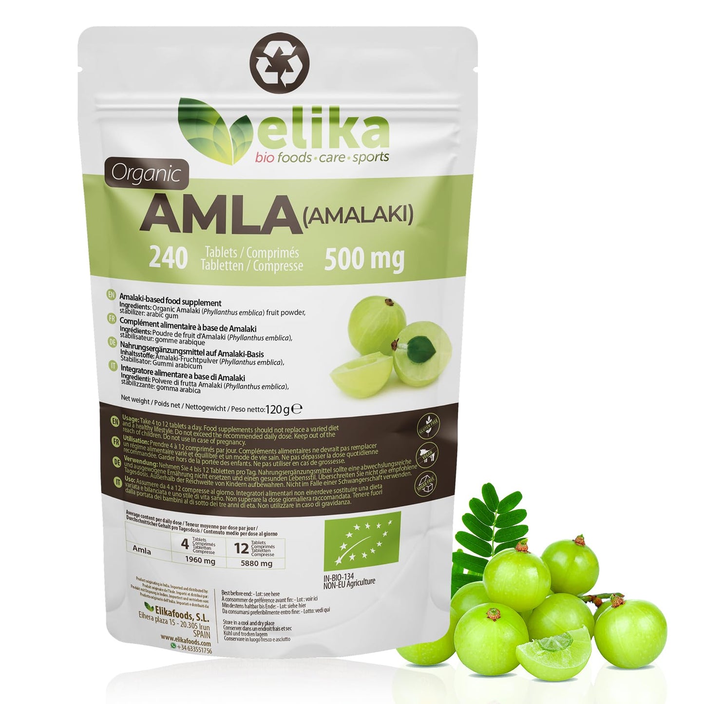 AMLA Elikafoods ® ORGÁNICA Crecimiento Cabello - Vitamina cabello - Mejora la piel y caida pelo mujer - Con Vitamina C, Zinc, Proteina, Calcio, Hierro Suplemento. Caida cabello mujer (240ud -500mg)
