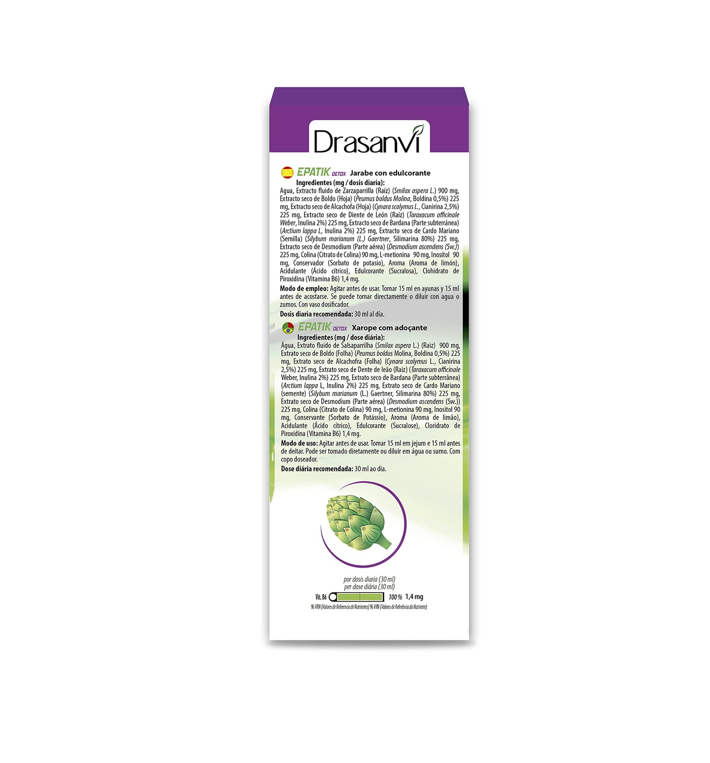 DRASANVI Epatik con Colina, Desmodium, Cardo Mariano y Otros Extractos| Para la Función Hepática | Desintoxicación y Depuración del Organismo | Contiene Vitamina B6 | 250 ml = 8 Días| Sabor Limón