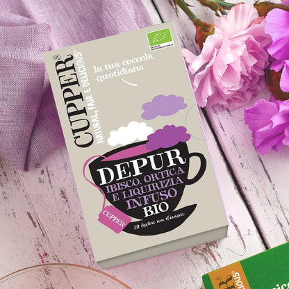 Cupper - Caja de 20 Bolistas de Infusiones Ecológicas Depur - Apto para Veganos - Propiedades Depurativas y Diuréticas - Contiene Hibisco, Ortiga y Raíz de Regaliz